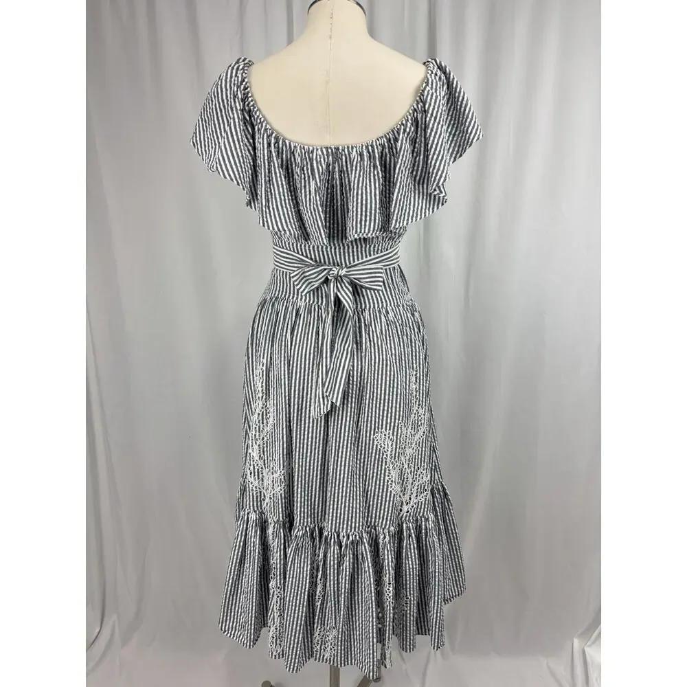 Tory Burch Eyelet Embroidered Seersucker Stripe Ruffles Midi Dress 0 $548